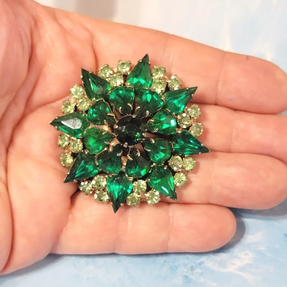 Vintage Large Green Rhinestone Brooch Pin, Mid-Century Layered Sparkly Glass